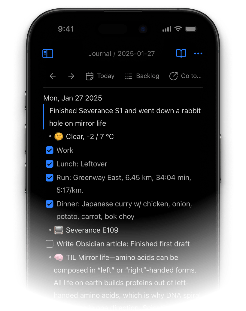 An iPhone 16 with a screen of the daily note in the Obsidian app