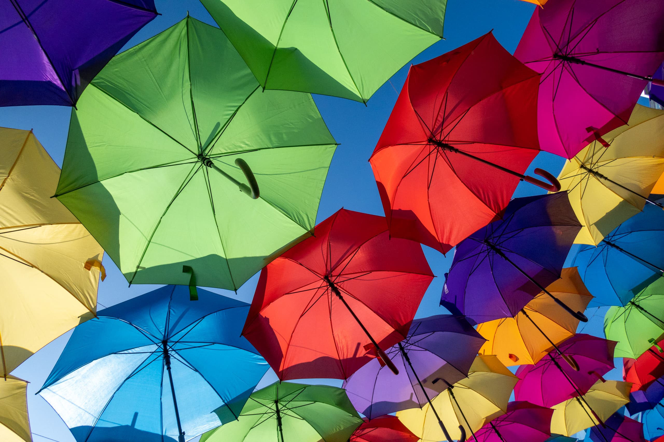 Green, purple, yellow, red, orange, and blue umbrellas