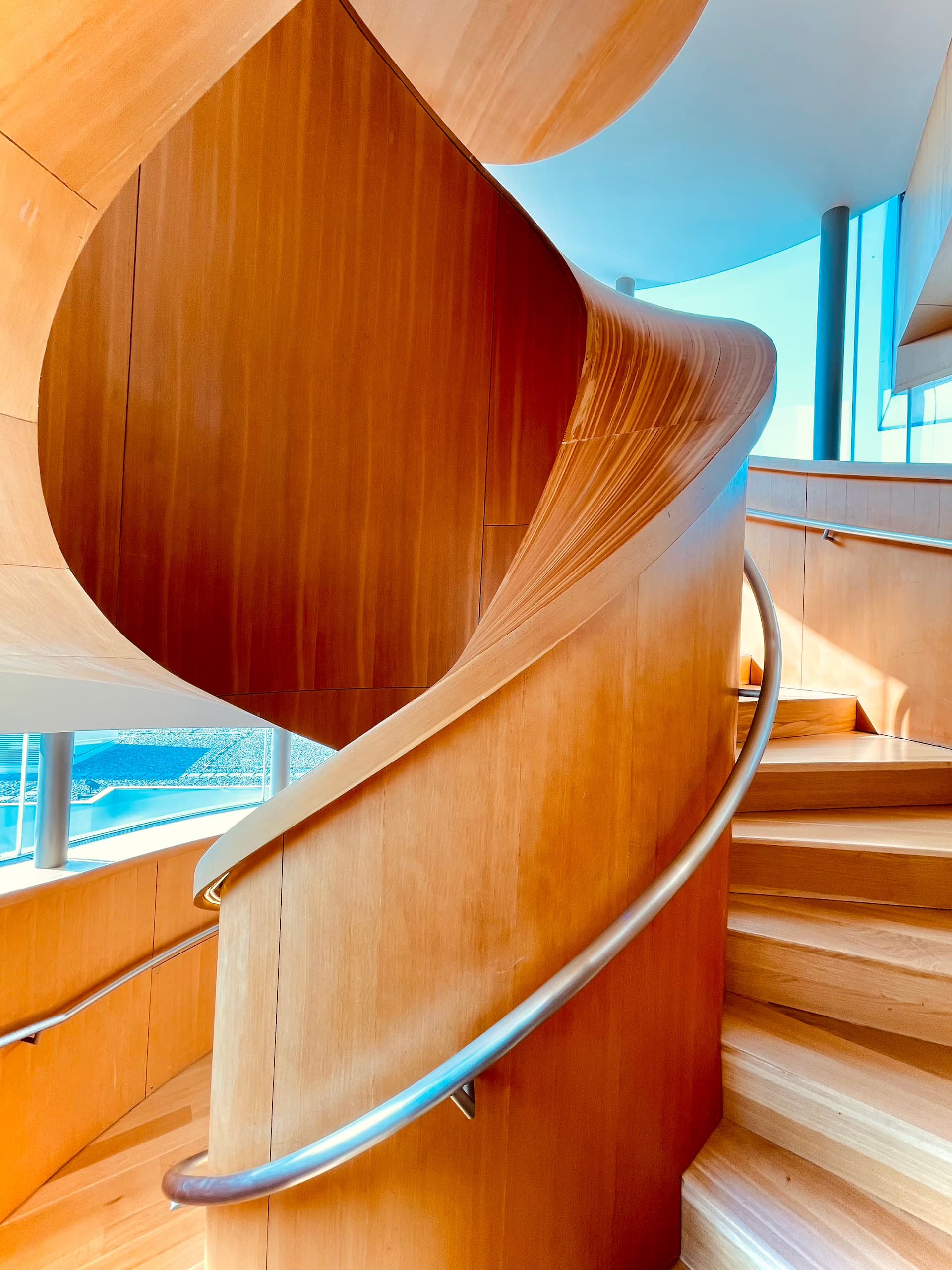 A spiral staircase made of wood