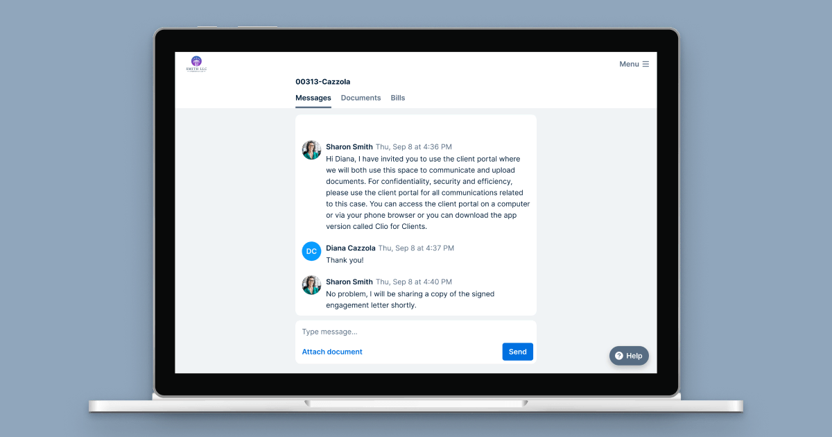 A mock up of a computer with the Clio for Clients web app
