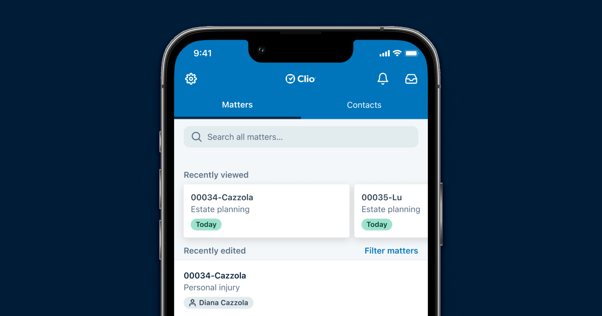 A mock up of a phone with the home screen of the Clio Mobile app