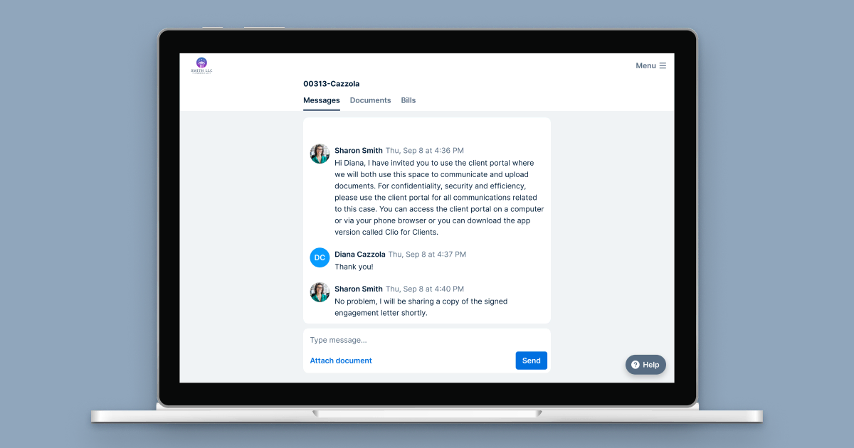 A mock up of a computer with the Clio for Clients web app