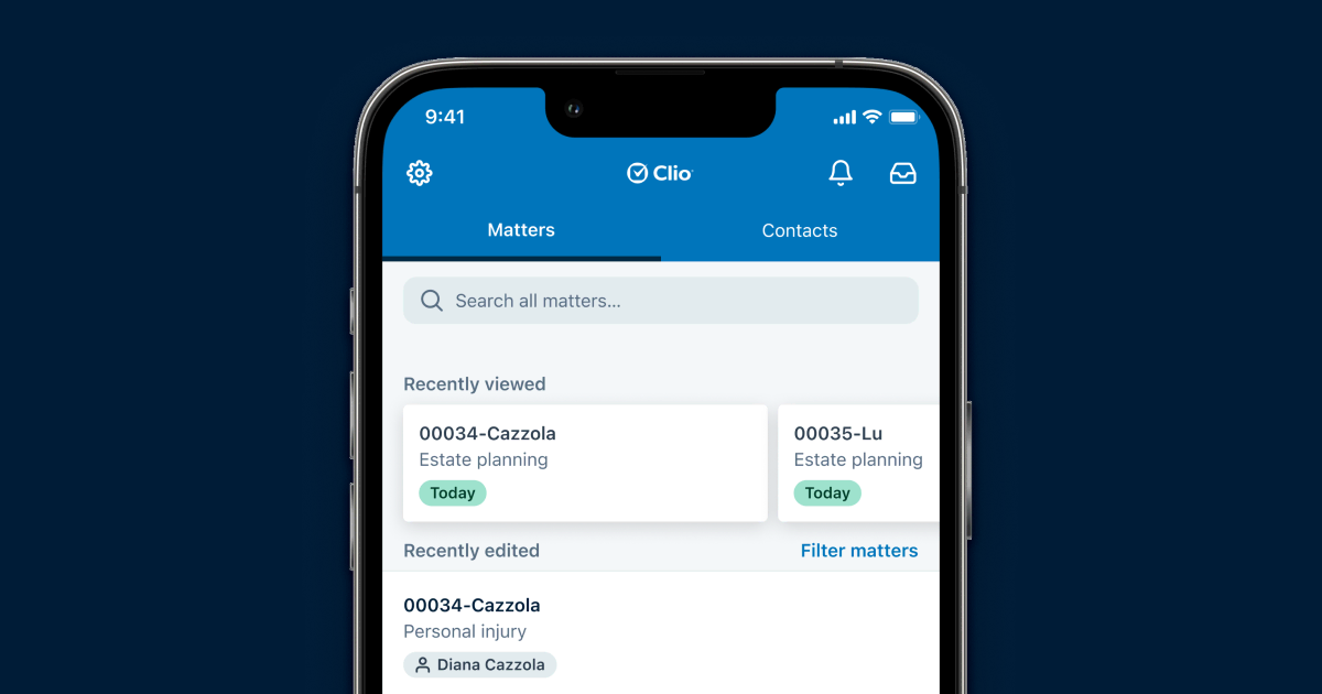A mock up of a phone with the home screen of the Clio Mobile app